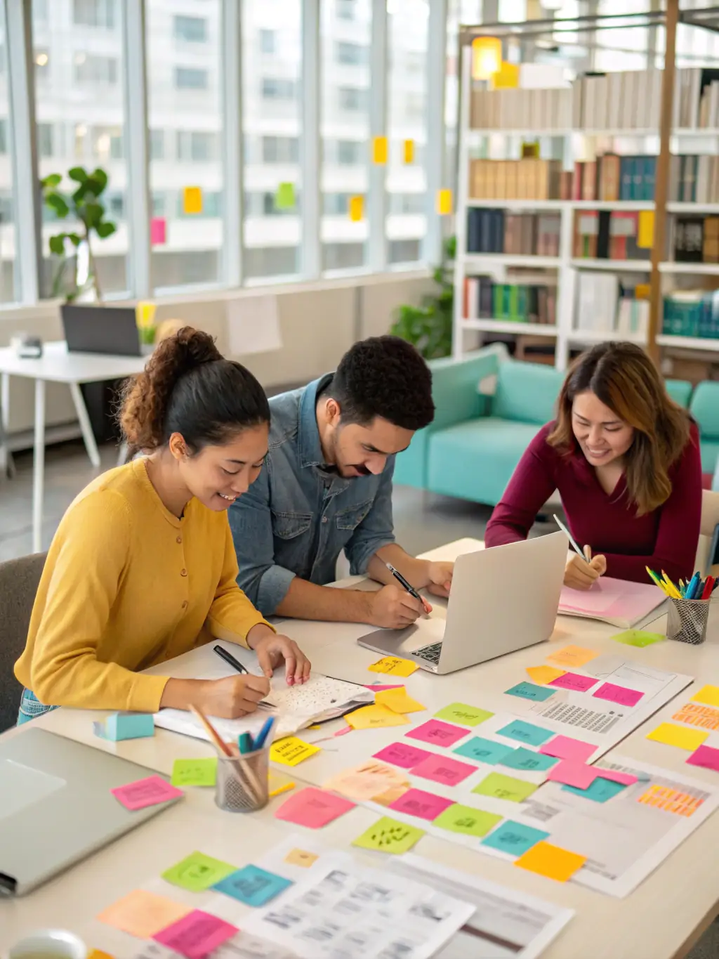 A creative workspace with a team working on content creation, symbolizing Medsfinder's Content Creation service.
