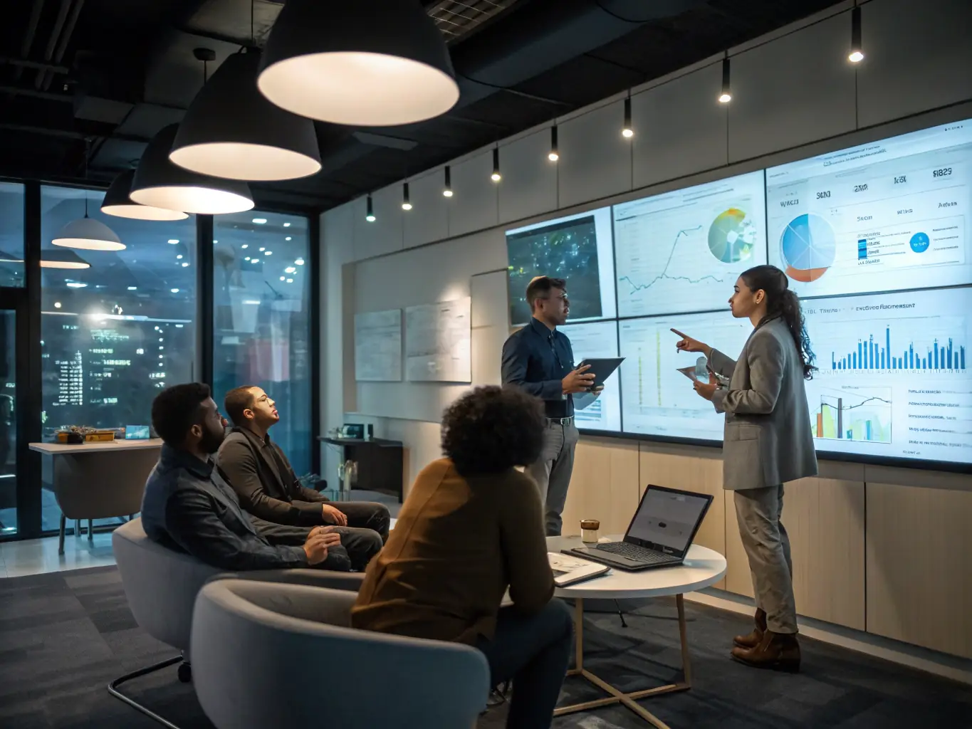 A focused digital marketing strategy meeting in a modern office, with team members collaborating on a plan displayed on a large screen, emphasizing data-driven decisions and strategic alignment.