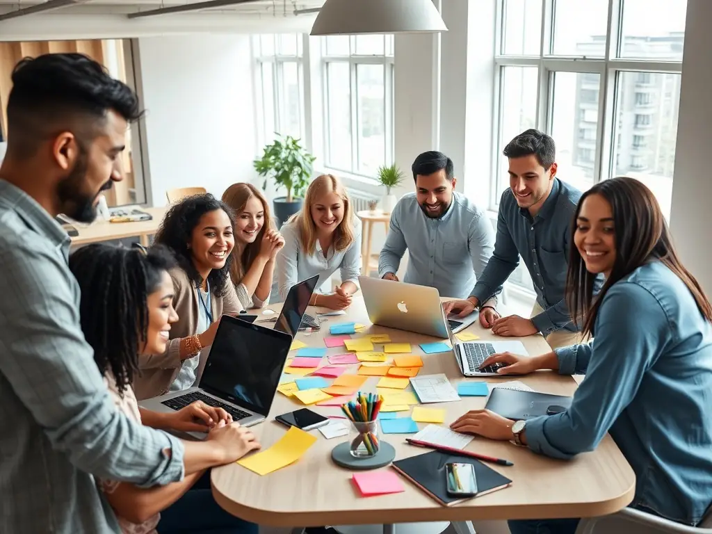 A creative content creation session with a team brainstorming ideas and developing engaging content for various digital platforms, highlighting the importance of storytelling and audience connection.