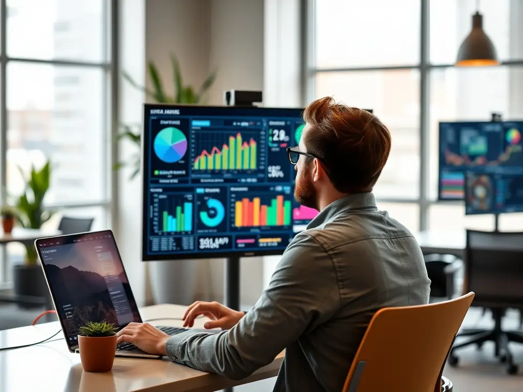 A digital marketing strategist is analyzing data on a dashboard, with charts and graphs illustrating campaign performance, in a modern office setting.
