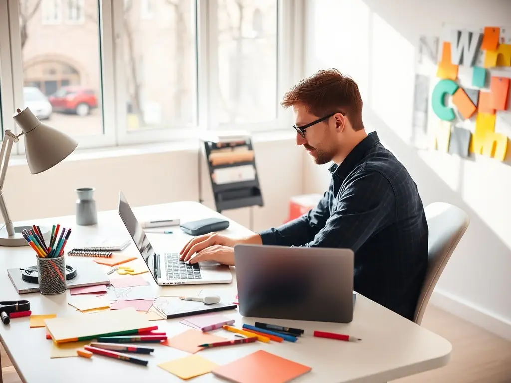 A content creator is writing a blog post on a laptop, surrounded by creative tools and resources, in a bright and inspiring workspace.