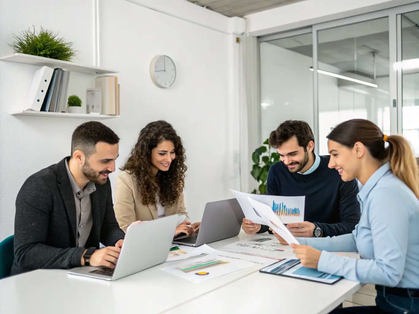 A photograph depicting a diverse team of medical affairs professionals collaborating in a modern office setting, symbolizing Medsfinder's collaborative approach to product strategy.
